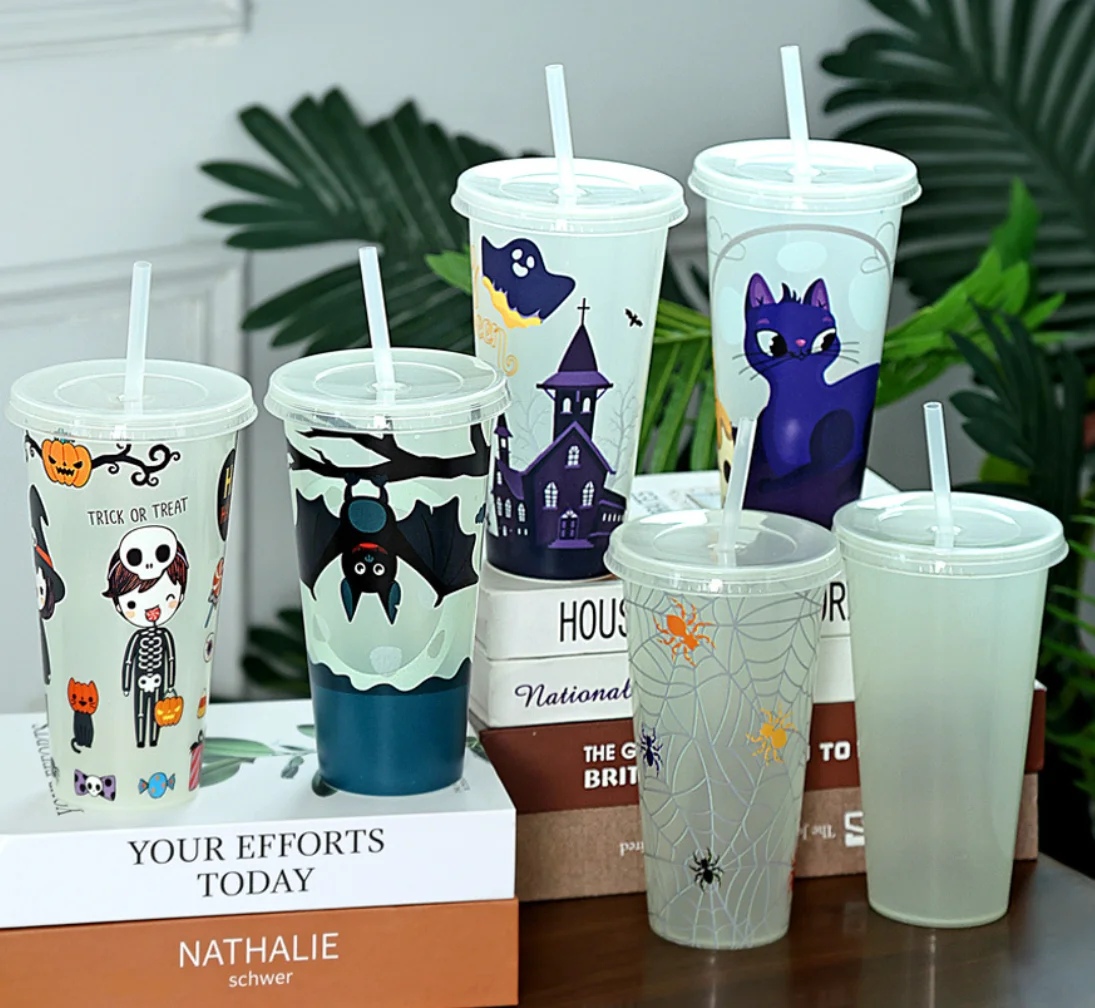 Luminous Halloween Tumbler 720ml Glow in the Dark Plastic Cup with Straw,Party Drinkware for Halloween Events
