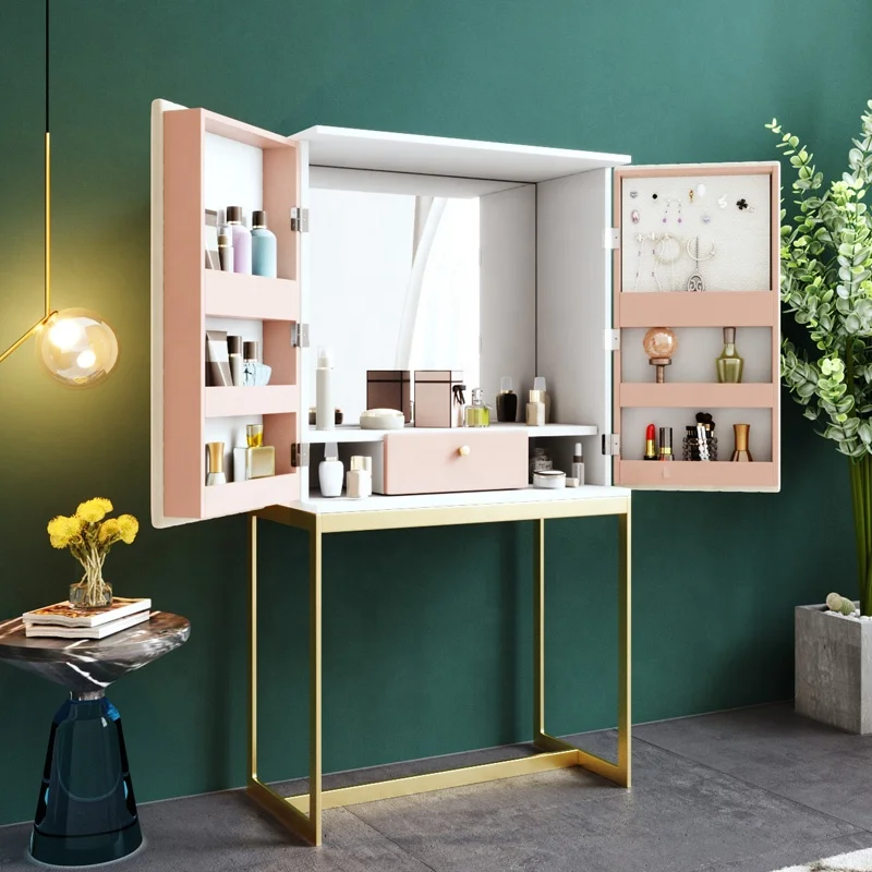 Modern Bedroom Furniture Vanity Cabinet Golden Metal Legs Storage Mirror Makeup Luxury Dressing Table