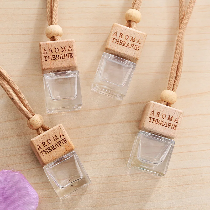 product custom wholesale car air freshener perfume bottles square fragrance aromatherapy glass hanging car diffuser with wooden lid-6