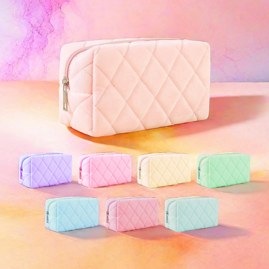 Women Zipper Soft Cotton Large Quilted Cosmetic Bag Pink Solid Color Cosmetic Bag Travel Make up Toiletry Bag manufacture