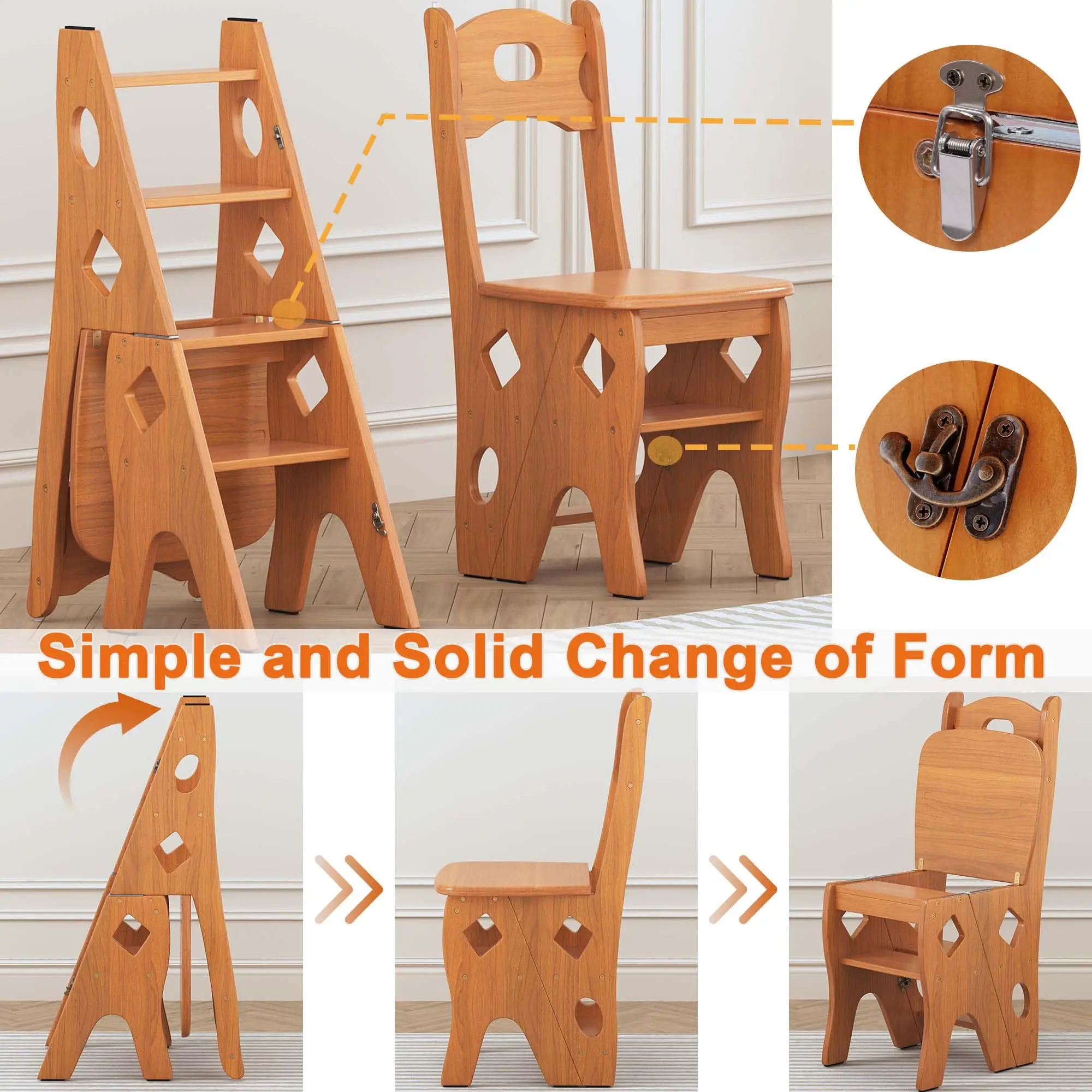 product portable foldable wooden stair chair living room furniture with library ladder display rack for bedroom storage decor-12
