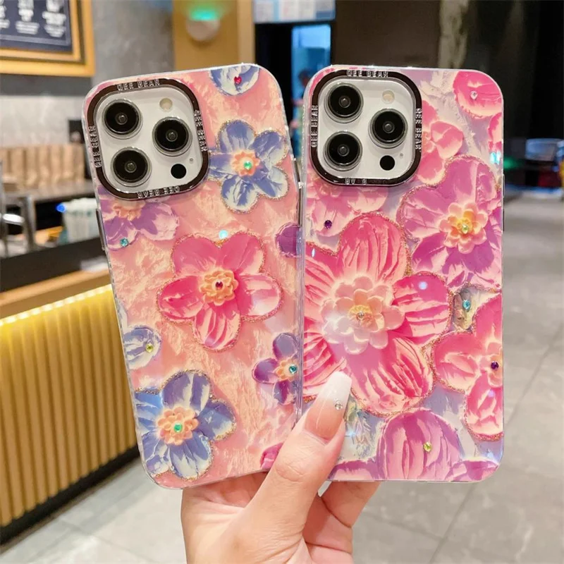 New Creative 3D Drip Glue Rhinestone Rainbow Flower Phone Case For iPhone 15 14 13 12 Pro Max Oil Painting Phone Case With Charm