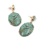 Earrings Resin Vintage Print Flower Bird Earrings Resin Plastic Oval Pendant Earrings