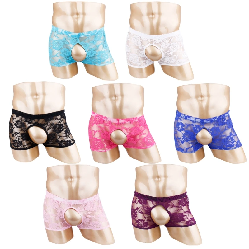 High Quality Male Sheer Lace Short Boxer Brief Sissy Hole Underwear Open Pouch Underpants