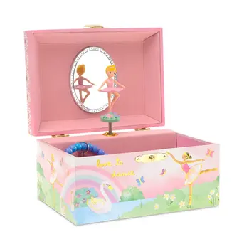 Rainbow and Gold Foil Design Swan Lake Tune Girl's Musical Jewelry Storage Box with Spinning Ballerina