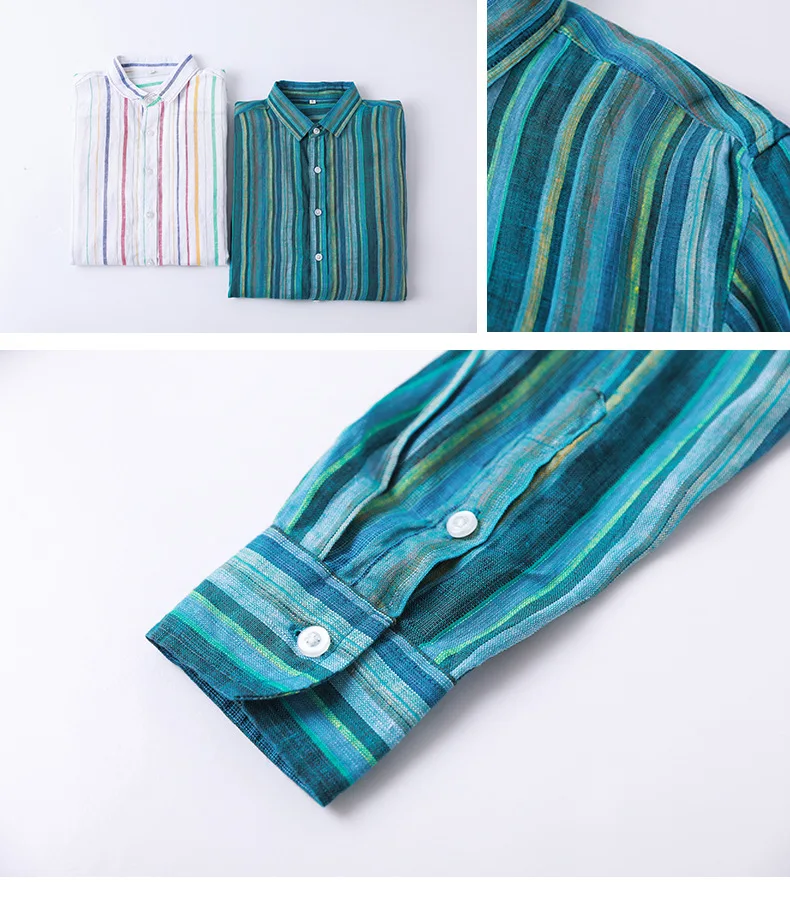 Refreshing Japanese Striped Long-Sleeved Shirt Linen Men