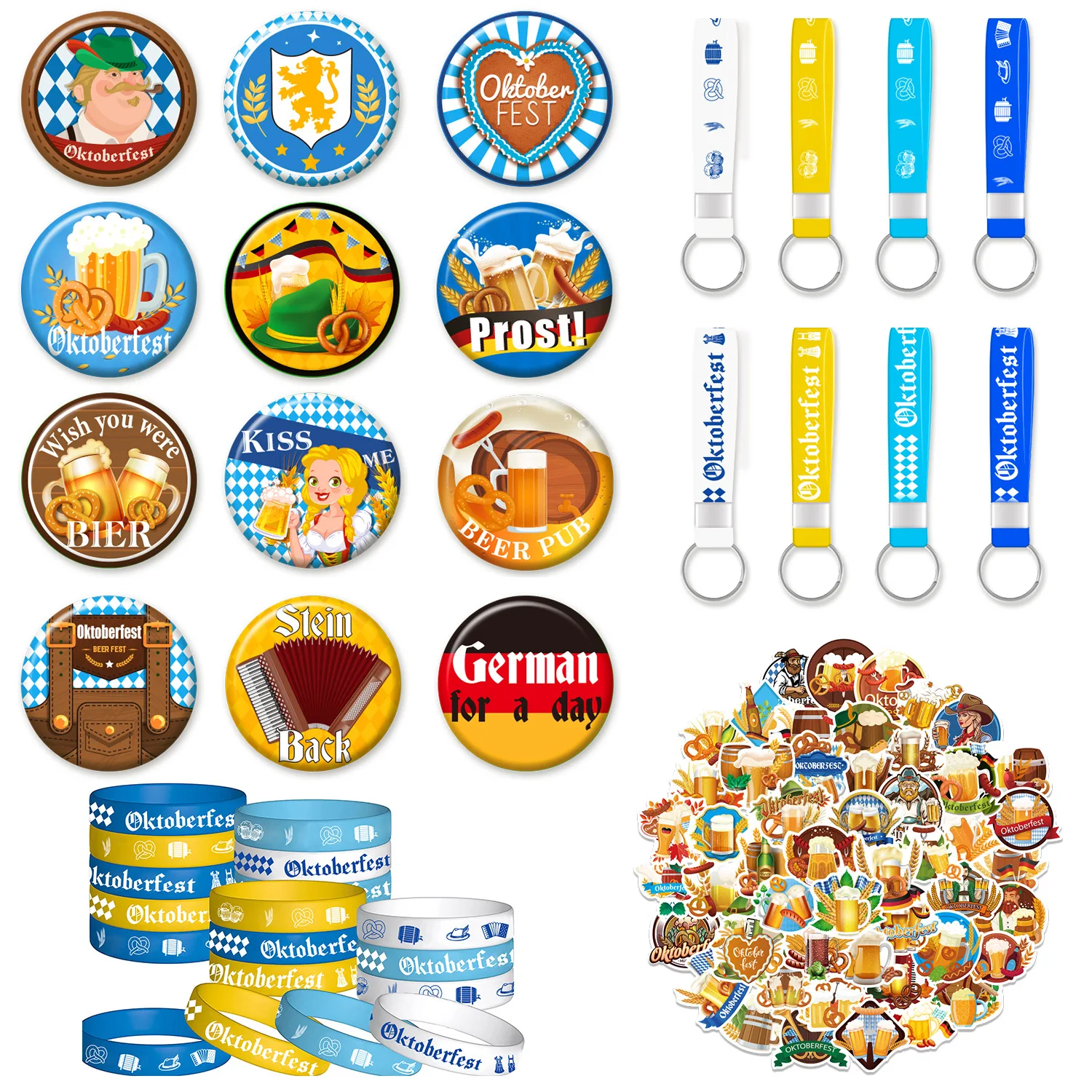 Germany Oktoberfest Brooch Badge Keychain Bracelet Wristband Sticker Party Toy Set