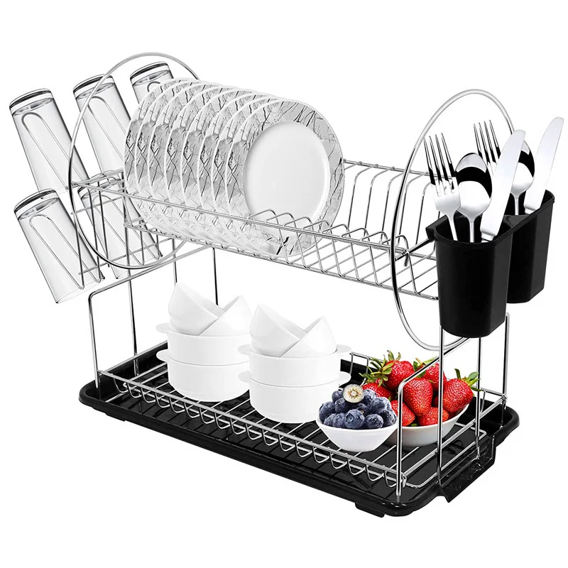 Dish Drying Rack Dish Rack with Tray Compact Dish Drainer for Kitchen Counter Cabinet Black