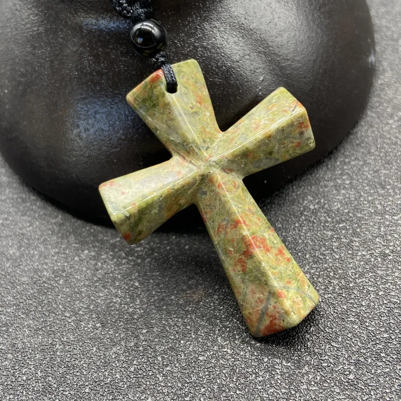 Jade Cross Pendant Men Necklace Meditation Jewelry Natural Stone Frosted Black Onyx Catholic