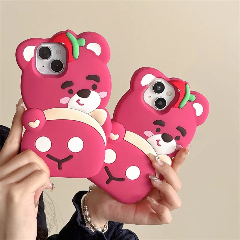 Wholesale Mobile Cover Cartoon Strawberry Bear Silicone Cute Phone Case for Apple iPhone 15 14 13 12 pro max 11