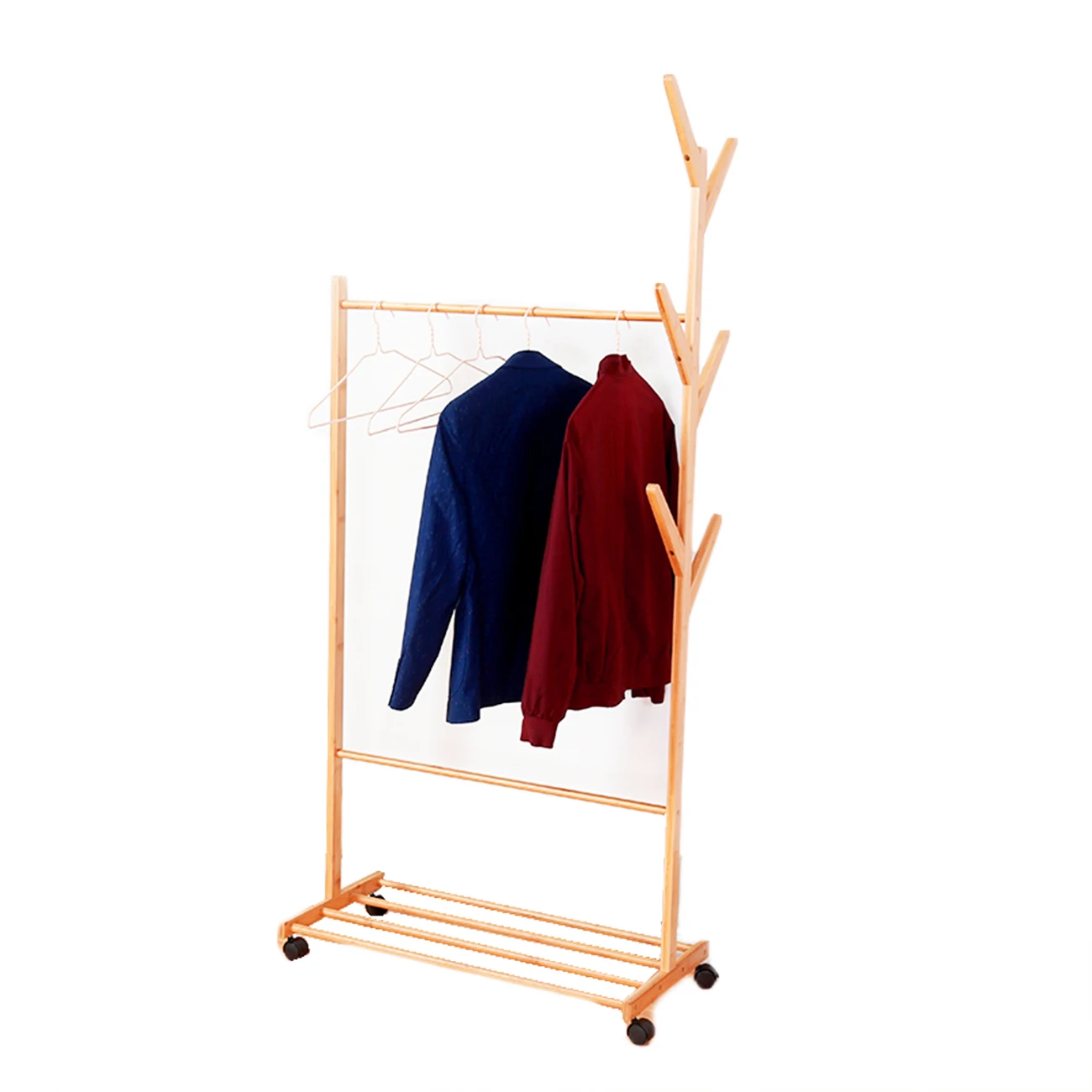 Coat Stand Bamboo Garment Clothes Hanging Rail 6 Hooks Shoe Rack Hat Hanger Laundry Storage Shelves