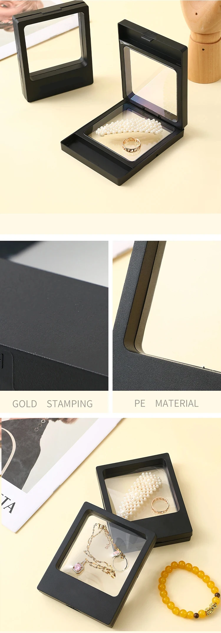 Transparent jewelry organizer with 3D effect Clear plastic jewelry display box showing floating frame structure