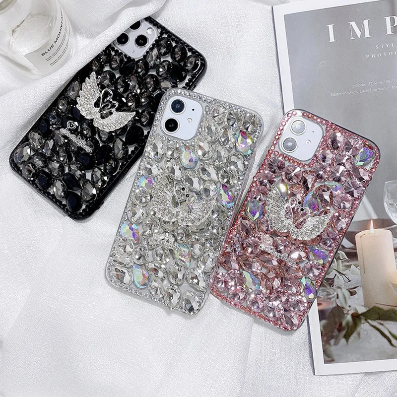 Luxury Rhinestone DIY Swan Japan Korean Market Design Phone Cover Case for iPhone 15 Samsung S24 A14 A25 A54