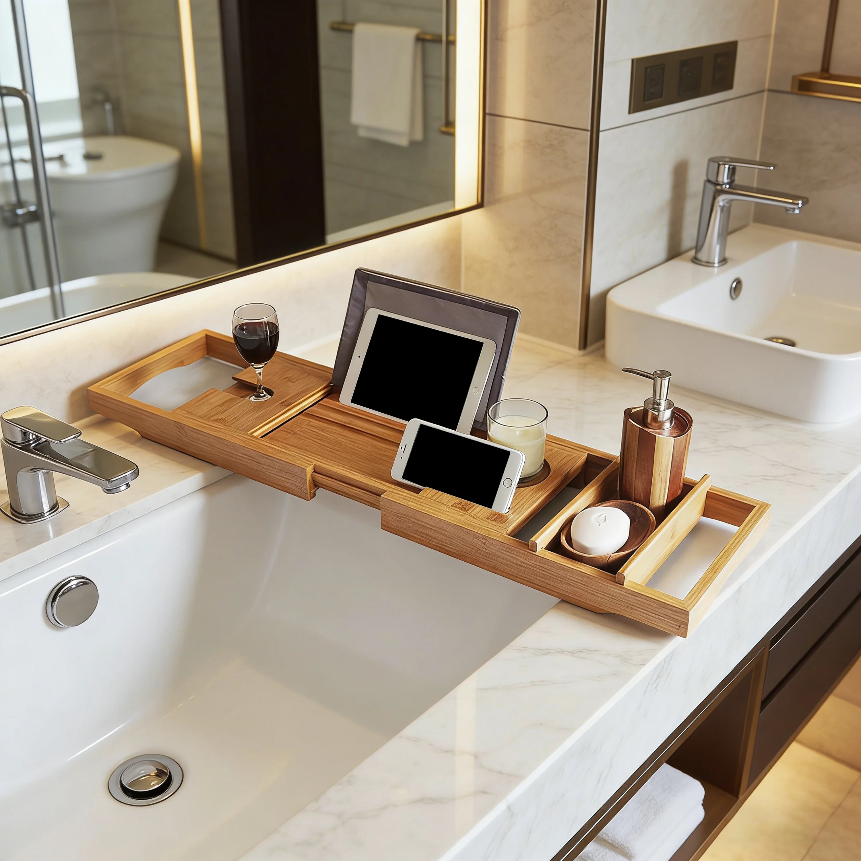 product natural bamboo bathtub caddy with extending sides expandable shower bath tub tray rack with waterproof cloth-4