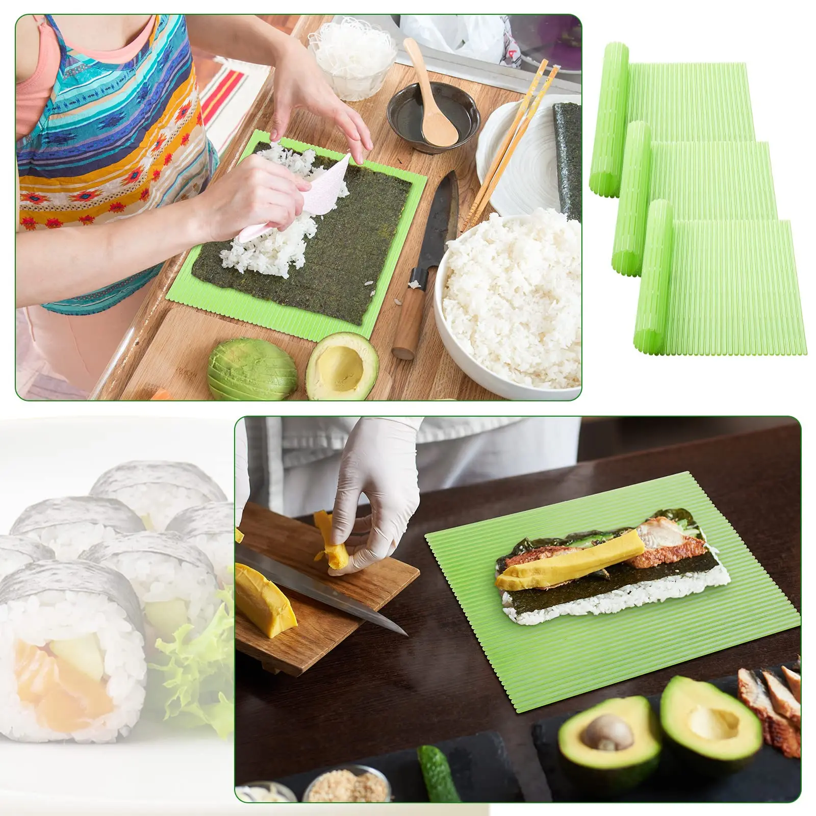 3 Pieces Kitchen Sushi Rolling Mat Non Stick Sushi Making Kit Japanese Plastic Sushi Rolling Maker Homemade for Home Kitchen