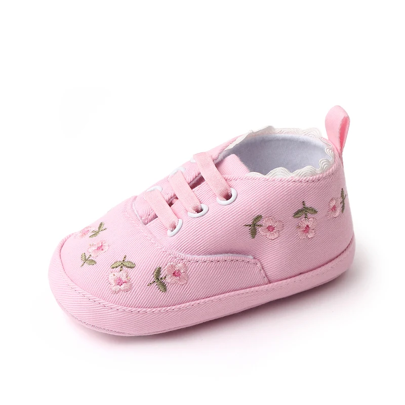 New Spring and Autumn Pure Color Denim Embroidered Flower Front Lace-up Cute Fashion Infant Princess Toddler Shoes for Baby Girl supplier