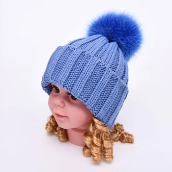 Cute Winter Baby Girl Caps Knitted Hats Kids Warm Real Fur Pom Pom Beanies Classic Striped Acrylic Knitted Childrens Beanie