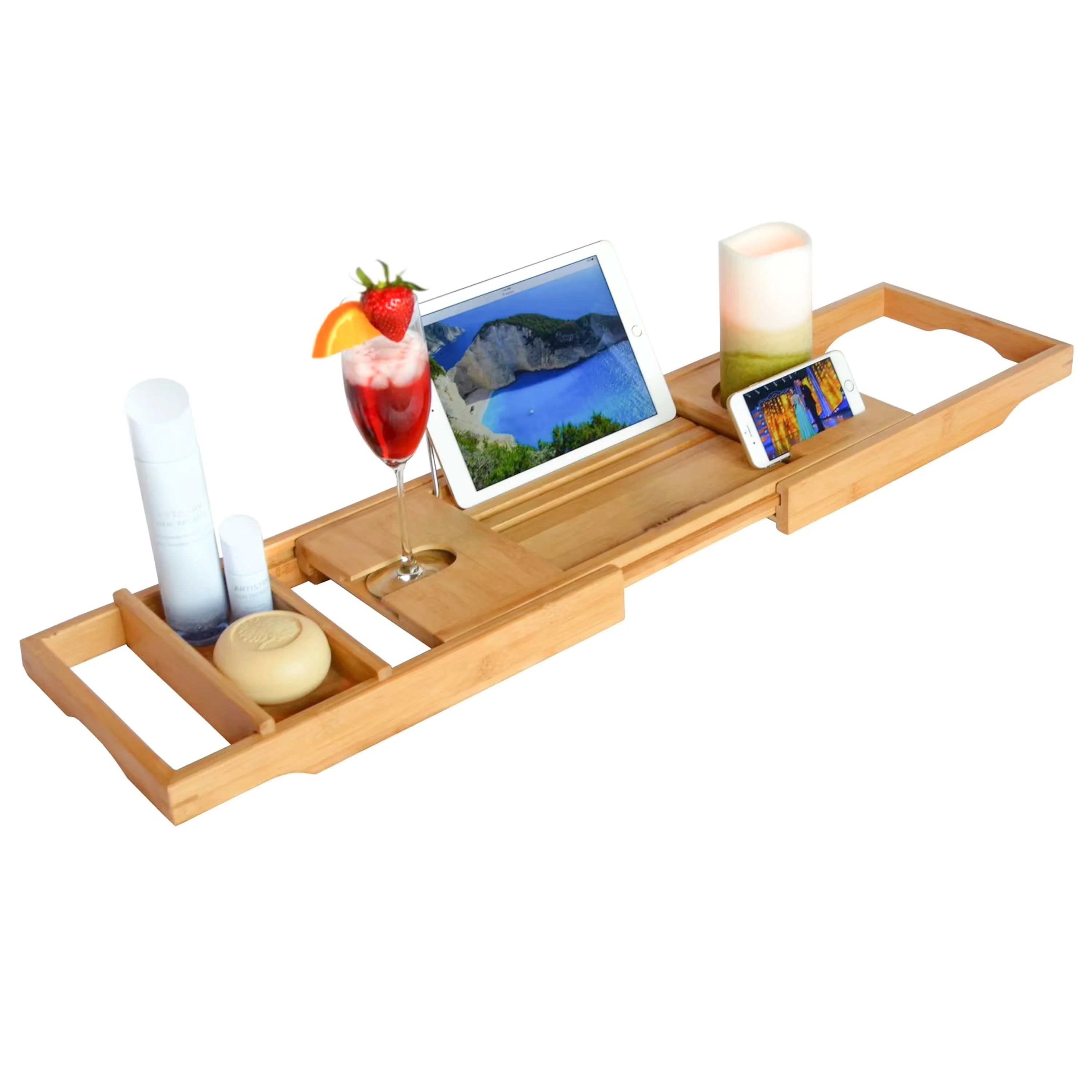 product luxury spa bathroom organizer bamboo bathtub caddy tray extendable bath tub tray with wine glass device holder-6