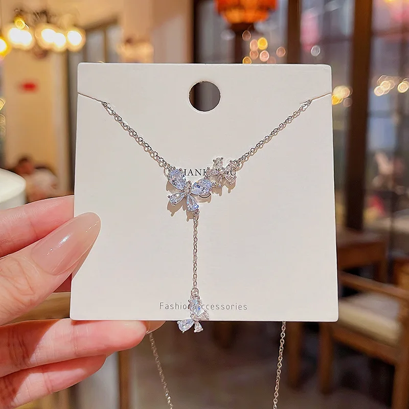 Hot sales in 2023 exquisite niche temperament long tassel zircon butterfly flower titanium steel fashion jewelry necklaces