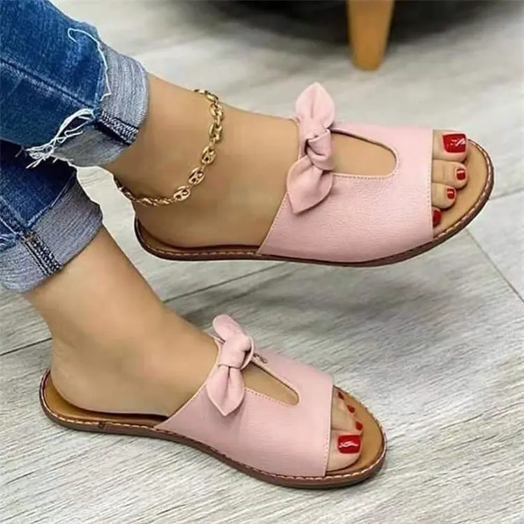 Summer Bow Hollowed Out Women's Slippers 2024 New Wholesale Large Size Female High Quality PU Rubber Summer Shoes Gua Platform