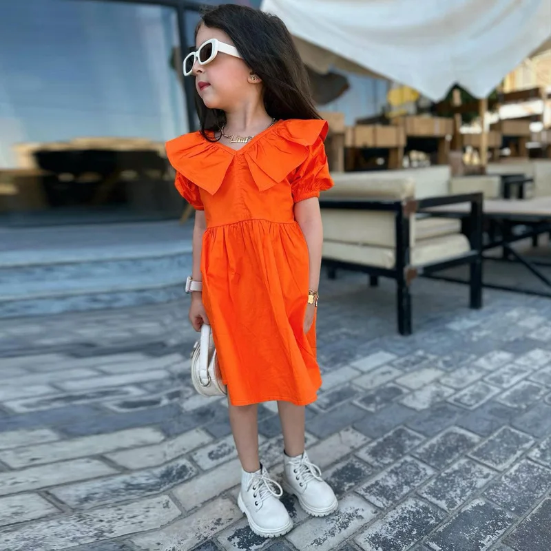 INS fashion girls dresses lapel ruffle collar orange color toddler clothing summer girls kids princess dresses