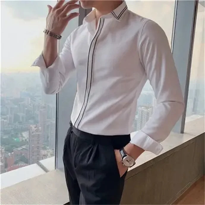 new ice silk long-sleeved shirt Spring and summer polyester fiber silky men's thin business casual anti-wrinkle polo shirts