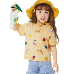 Custom children's clothing summer yellow white o neck short sleeve organic cotton cartoon printing kids baby girls t-shirt
