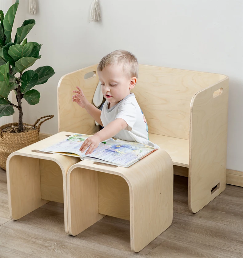 Furnitur Homeschool Serbaguna Anak Bentwood Natural 3 Piece Meja & Kursi Kayu Anak Set pabrik