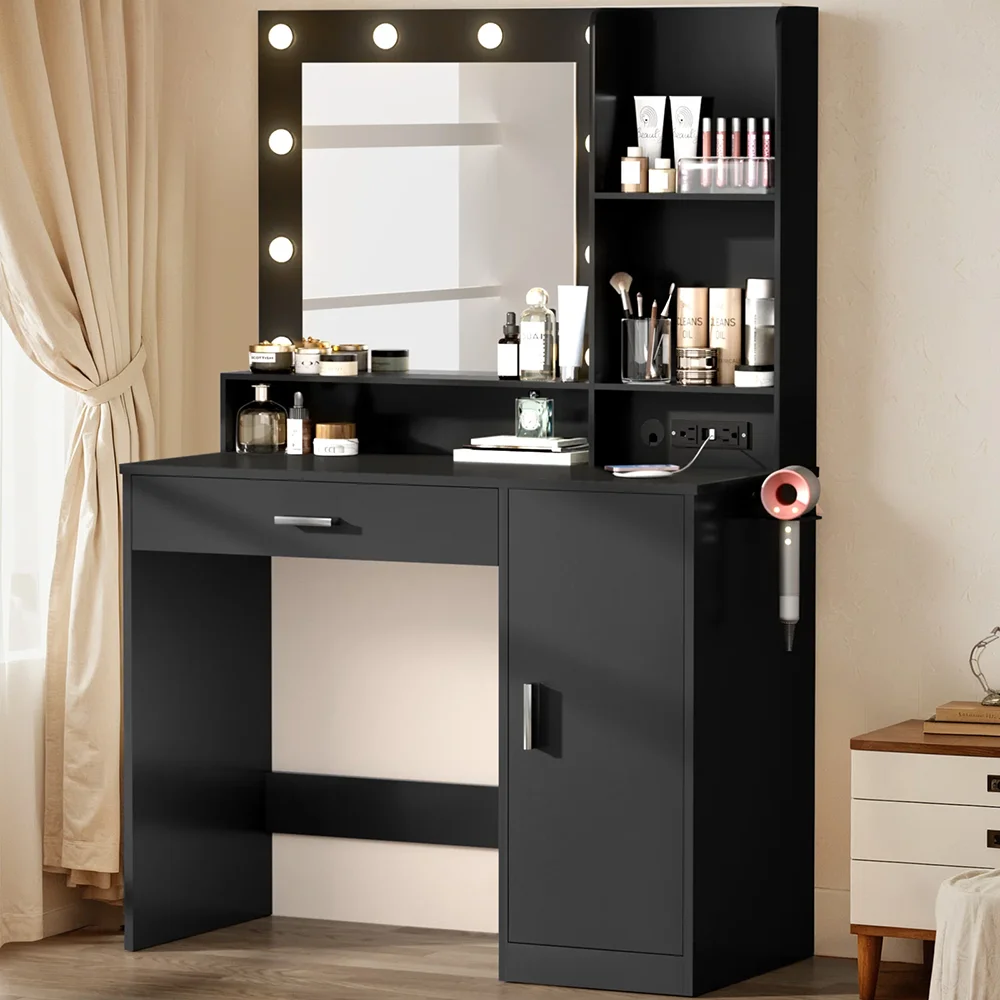Modern Wood Dressing Table with Lighted Mirror & Power Outlet Makeup Vanity Desk with Drawer Cabinet for Bedroom supplier