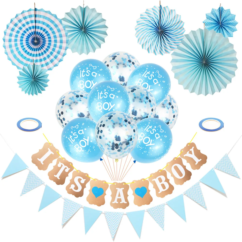 Baby Shower Party Decoration Set Pink Blue Paper Fan Oh Baby Banner Latex Balloon Set Gender Reveal Party Decoration