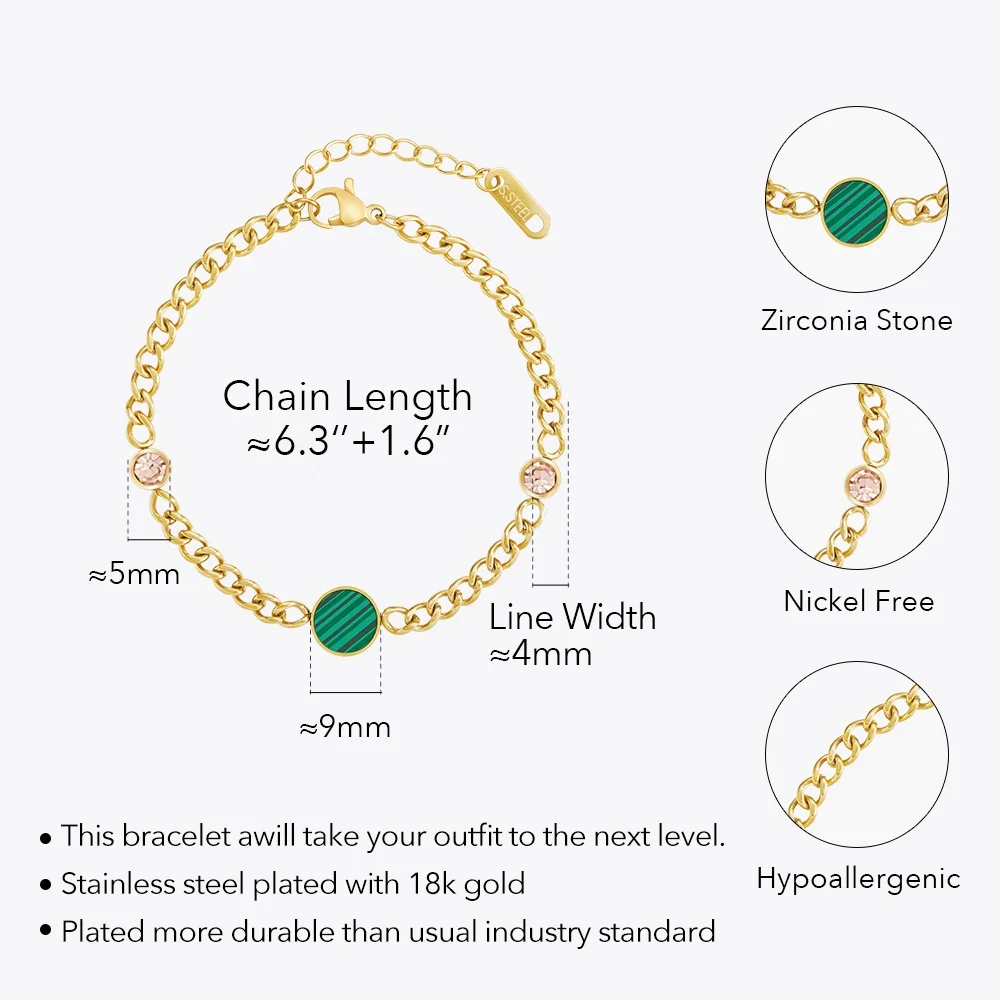 Latest 18K Gold Plated Stainless Steel Jewelry Cuban Chain Green Acrylic Disc Zircon Accessories For Women Bracelets B232340