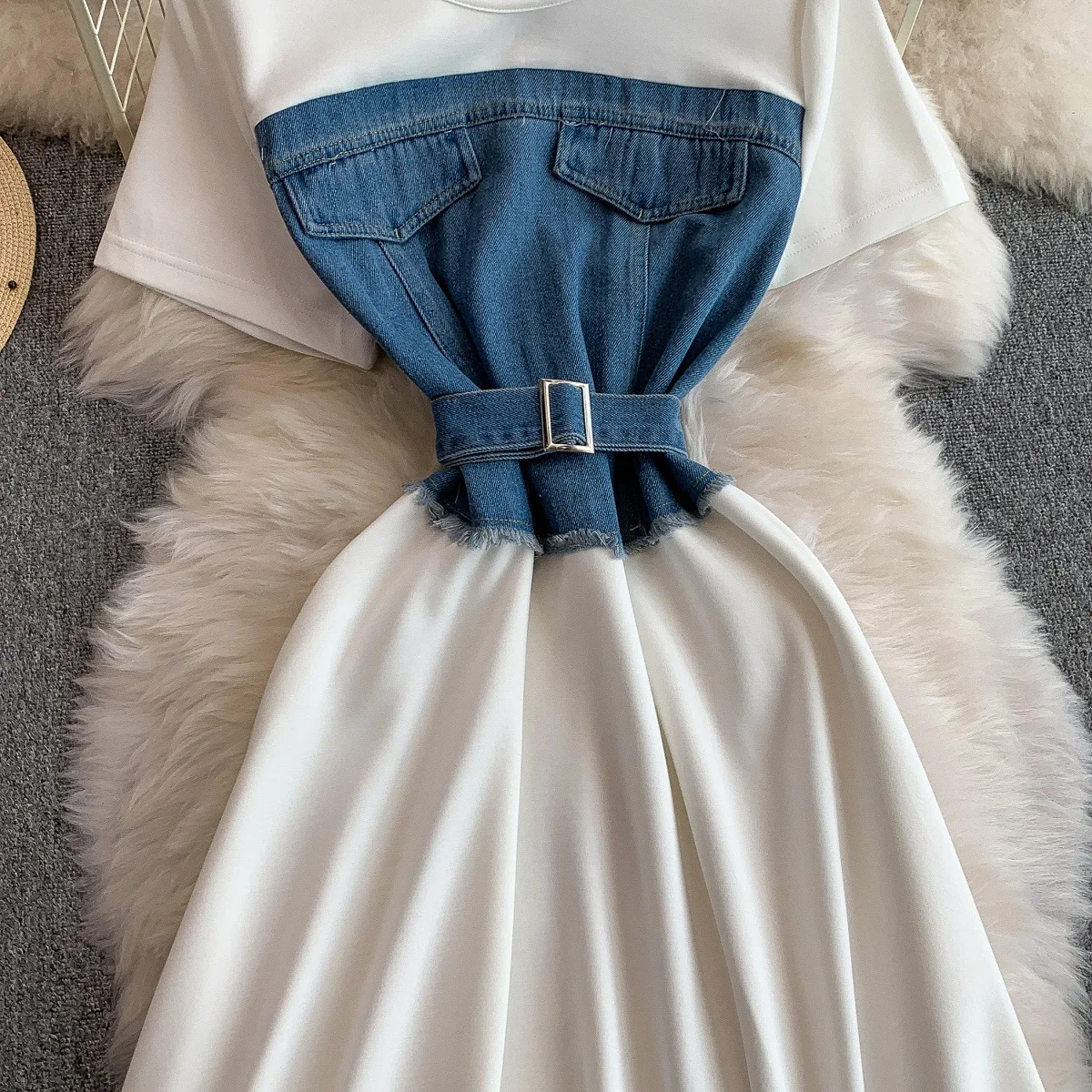 Denim Patchwork Knitted Short Sleeve Summer Anti-static High Waist Slimming Mid-length Skirt Dress for Women details