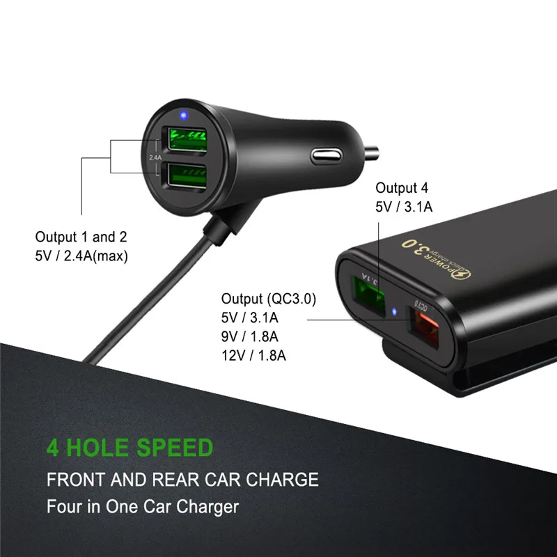 Factory 4 USB Car Fast Charging Charger QC3.0 Universal Travel Adapter Front Rear Back Holder Extension Rear Car Carrier Charger