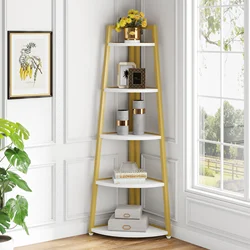 Vintage Wood  5-Tier Industrial Corner Bookshelf Etagere Freestanding Bookcase Ladder Shelf Display Organizer for Home Office