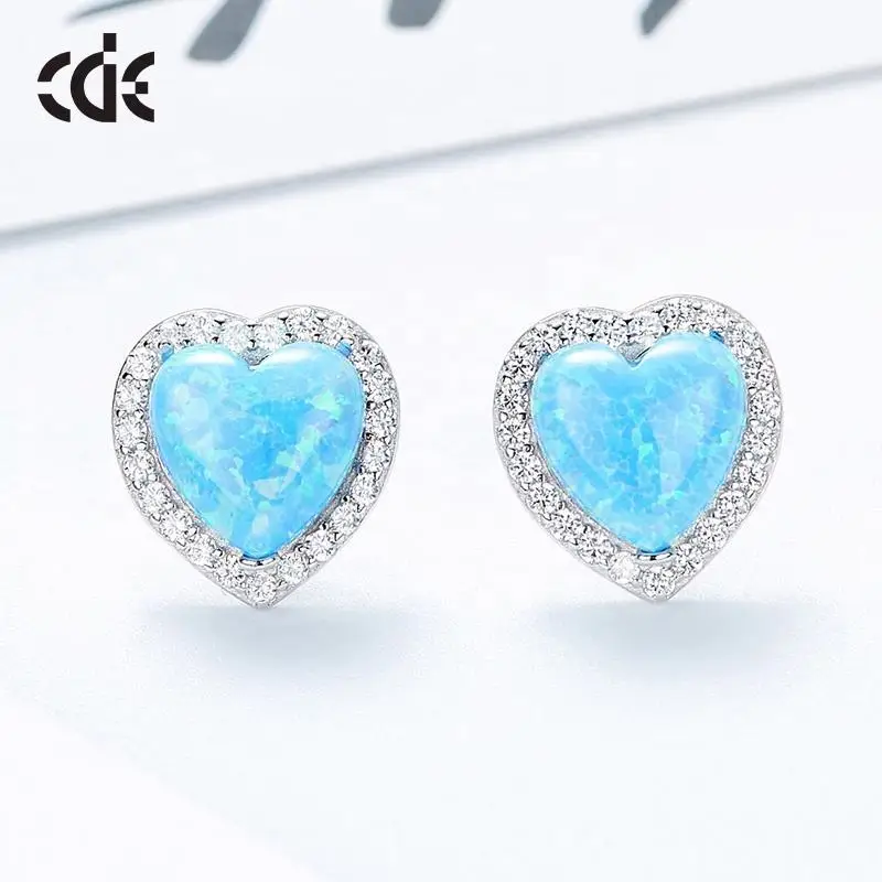 CDE YE1226 Fine 925 Sterling Silver Jewelry Earring Wholesale Heart Opal Simple Design Rhodium Plated Stud Earrings For Women