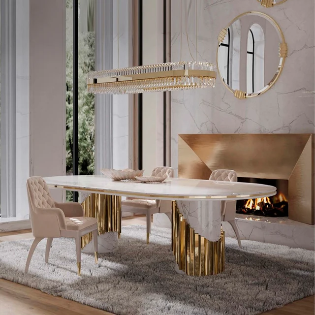 High quality designer furniture, modern stainless steel frame, mirrored marble, countertop, dining table