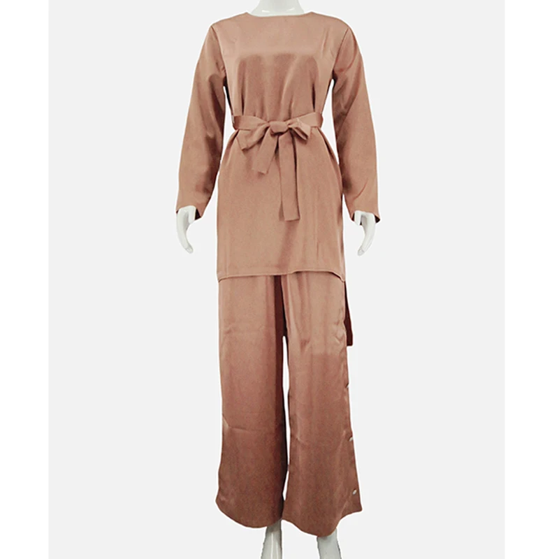 Custom Ladies' Two Piece Set Spring Autumn Solid Color Fashion Slacks Crepe 2 Piece Set Women Muslim supplier