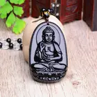 Obsidian Pendant Necklace Natural Stone Obsidian Carved Buddha Necklace Lucky Amulet Pendant Necklace