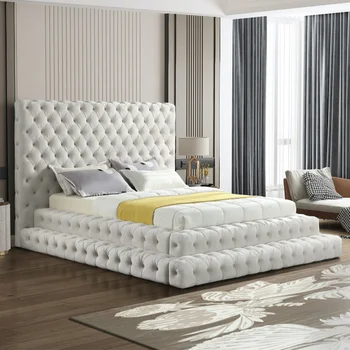 Pinzhi home upholstery tufted white velvet double bed frame with ladder stairs
