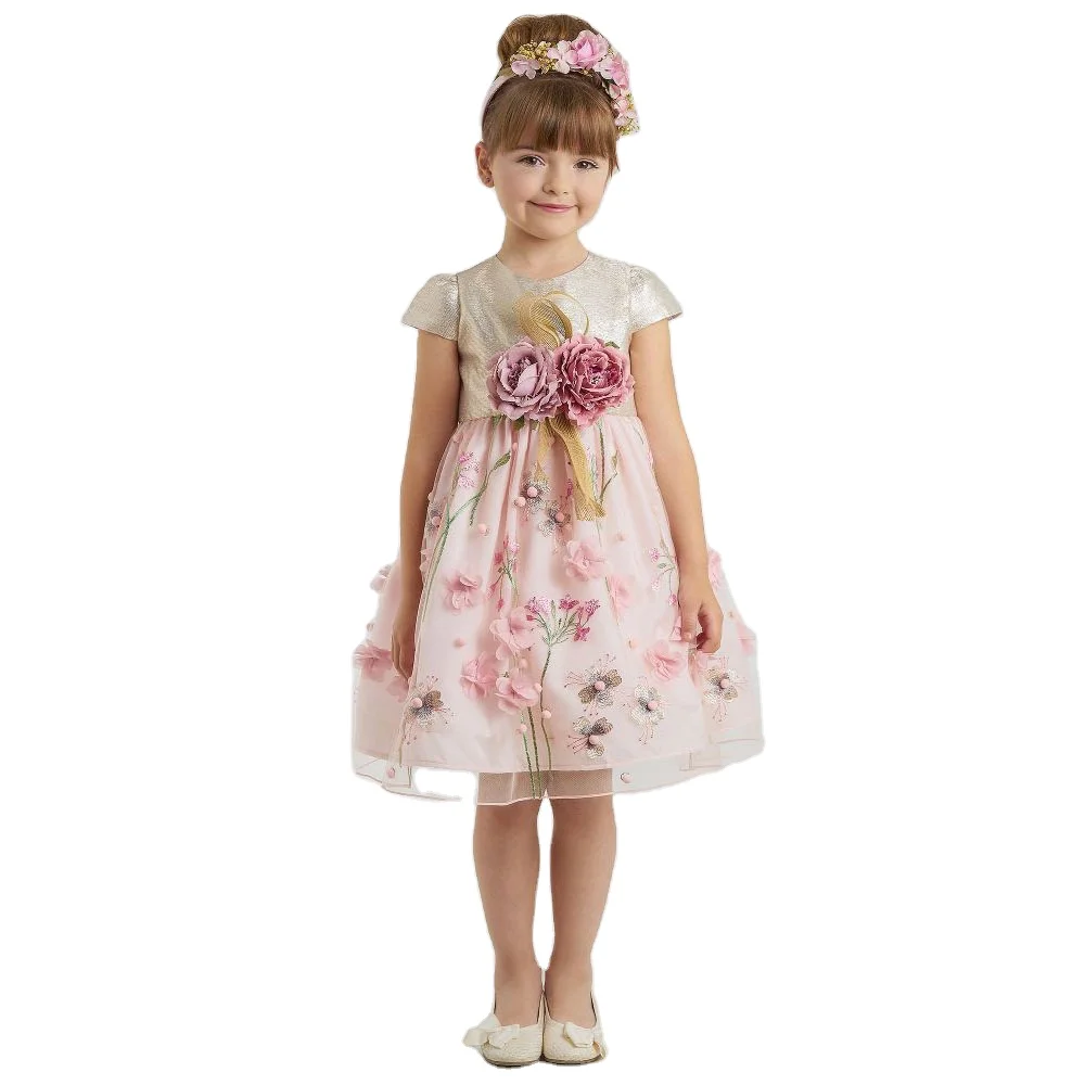 Custom elegant short sleeve flower kids girls' party dress pink color party dresses for girls
