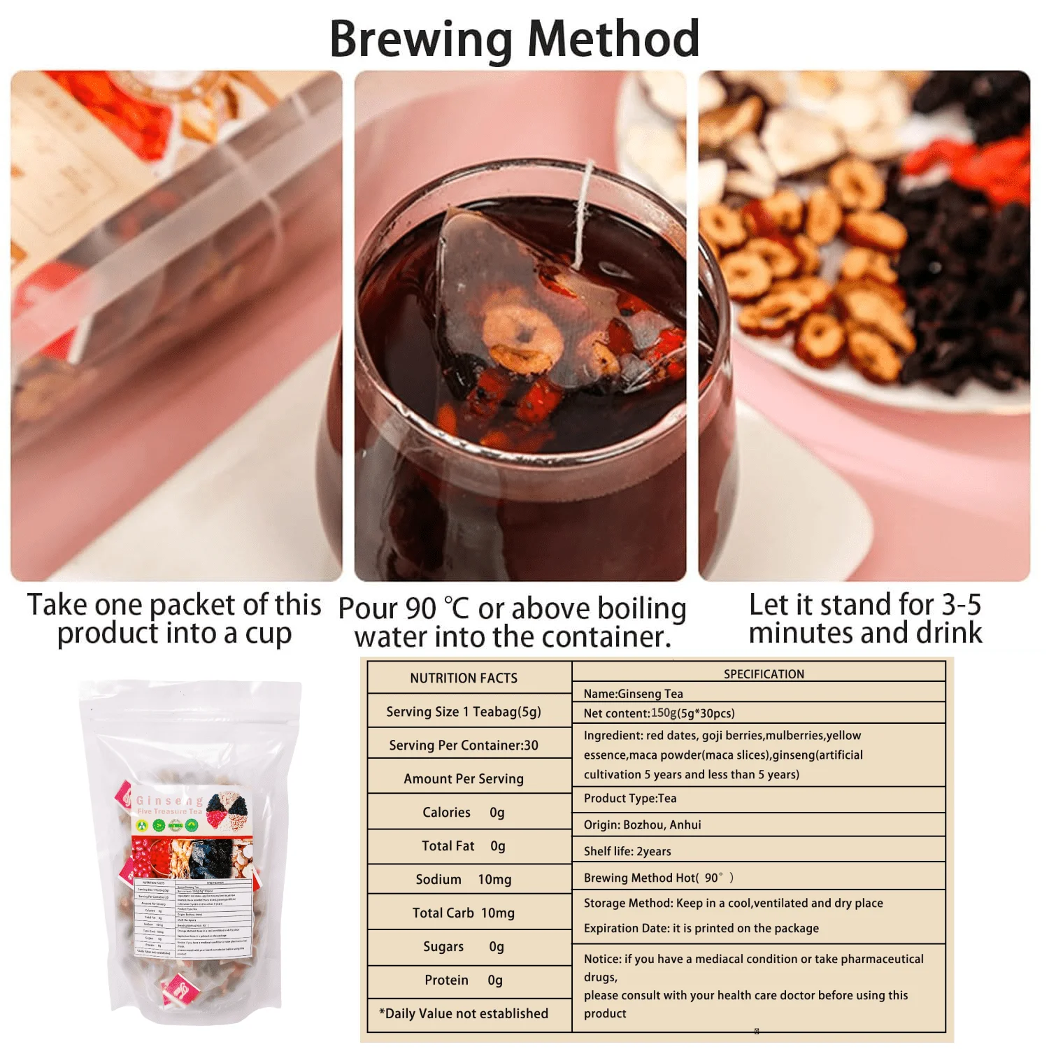 Natural Herbal Ginger Tea Ginseng Wolfberry Maca for Male Fertility Enhancement Five Treasure Kidney Tea Bagged Bulk Packaging