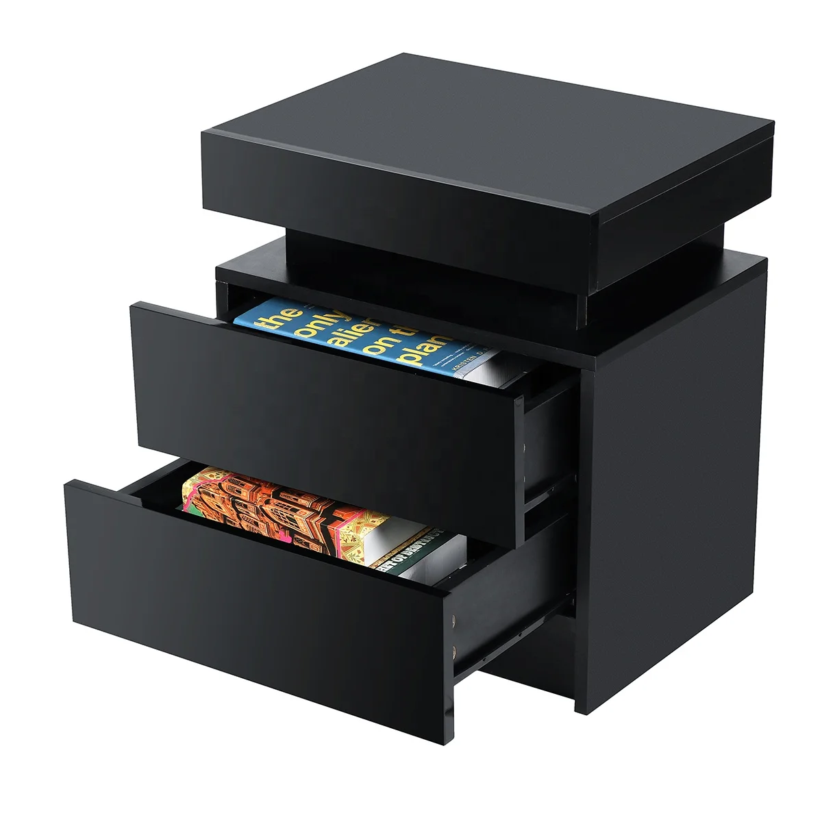 NOVA 2 Drawers Flip Cover LED Light Bedside Table Black High Gloss Nightstand Cabinet