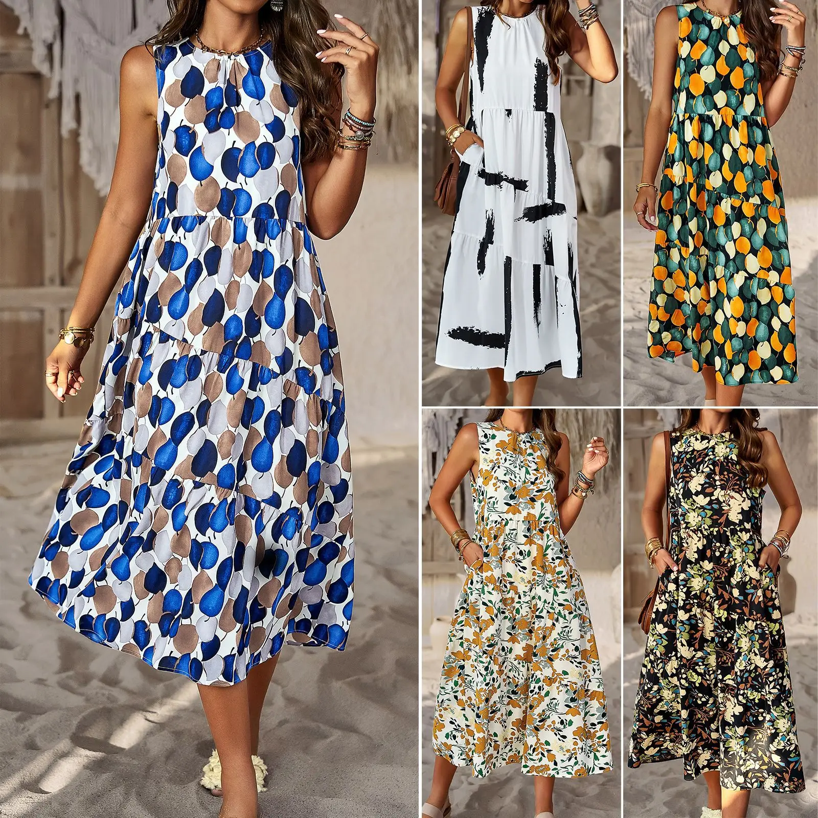 Ying Tang Custom 2023 Spring Summer Fashion Holiday Casual Temperament Loose Dress Ladies Sleeveless Floral Print Dress OEM/ODM