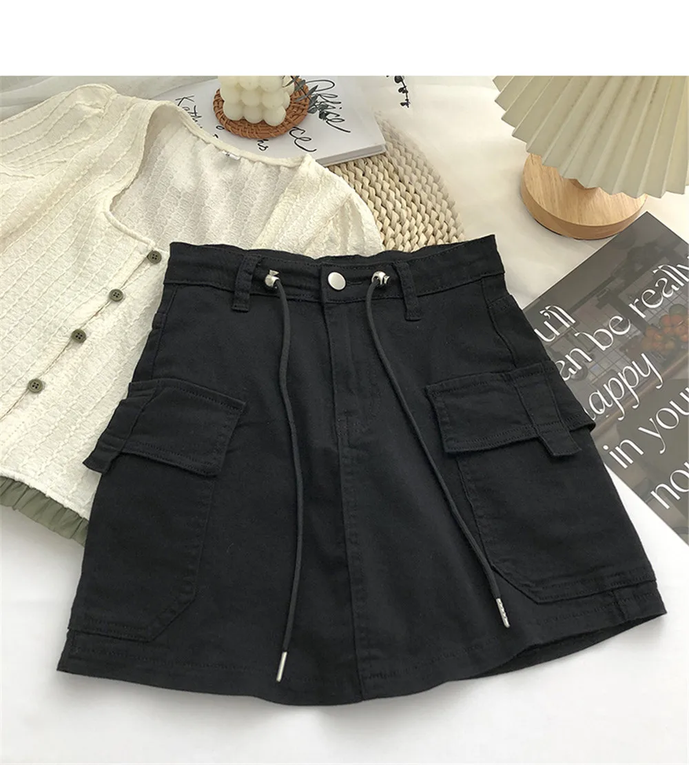 Fashion Streetwear Cargo Mini Skirts Women Vintage Casual Hight Waist Sexy Denim Short Skirt 5437