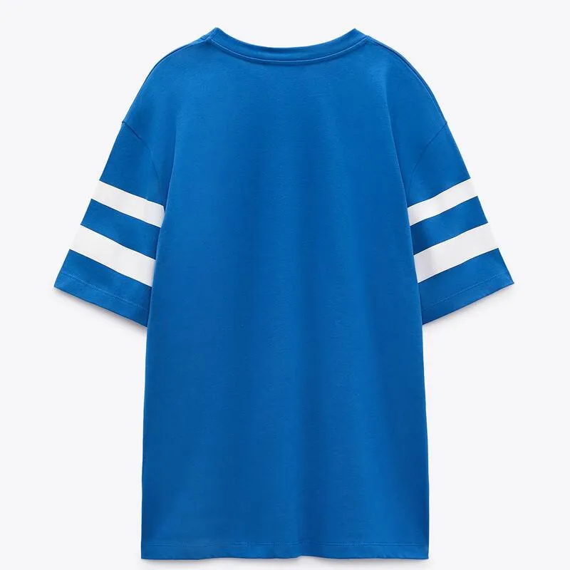 Stripe Blue Embroidery Patch Oversize Custom Brand LOGO Summer Girls Tops Soccer Football Basketball Jersey Shirts Women T