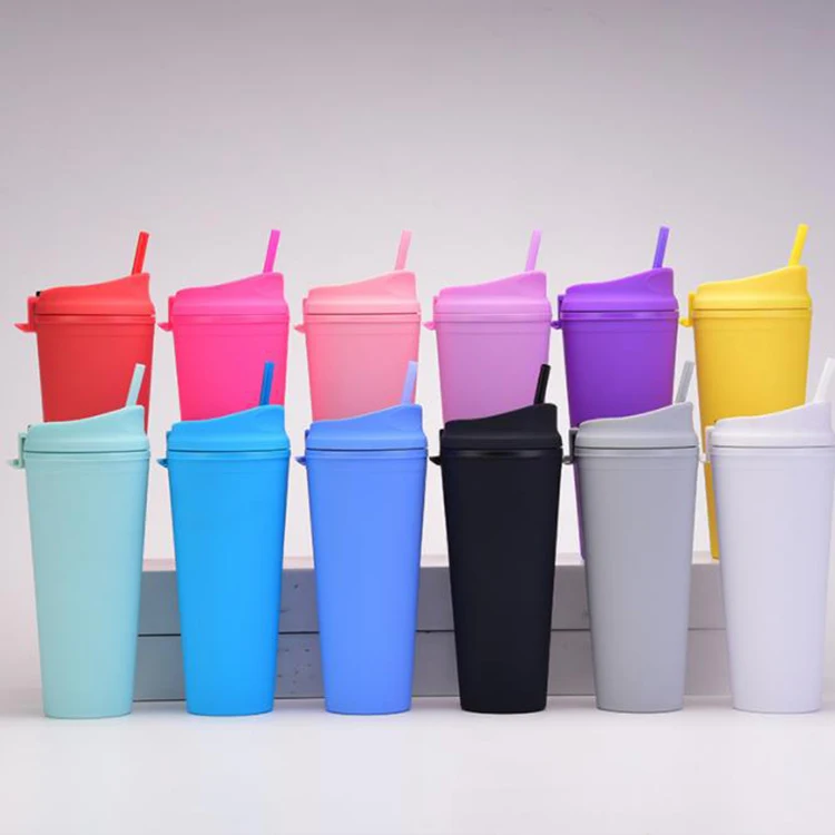 2022 New Fashion Multi Color Spot Large Capacity Outdoor Double-Layer Plastic Straw Cup