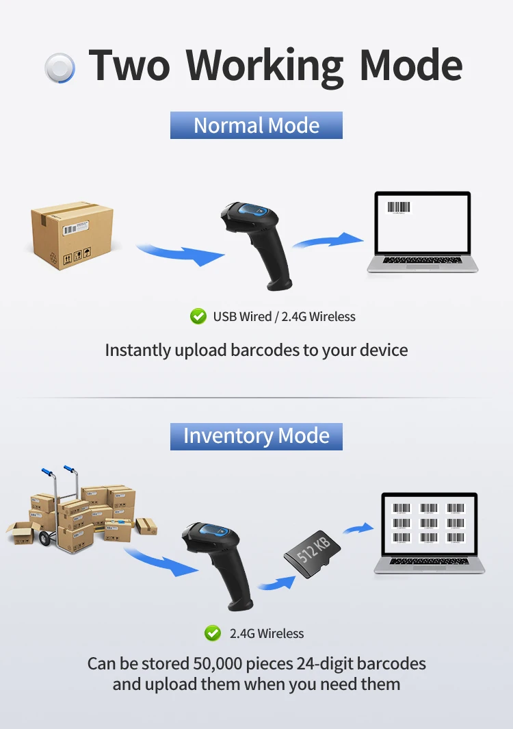 Xincode 2D 1D el kablosuz barkod tarayıcı tarama tabancası kablolu Usb barkod okuyucu mağaza süpermarket depo envanter
