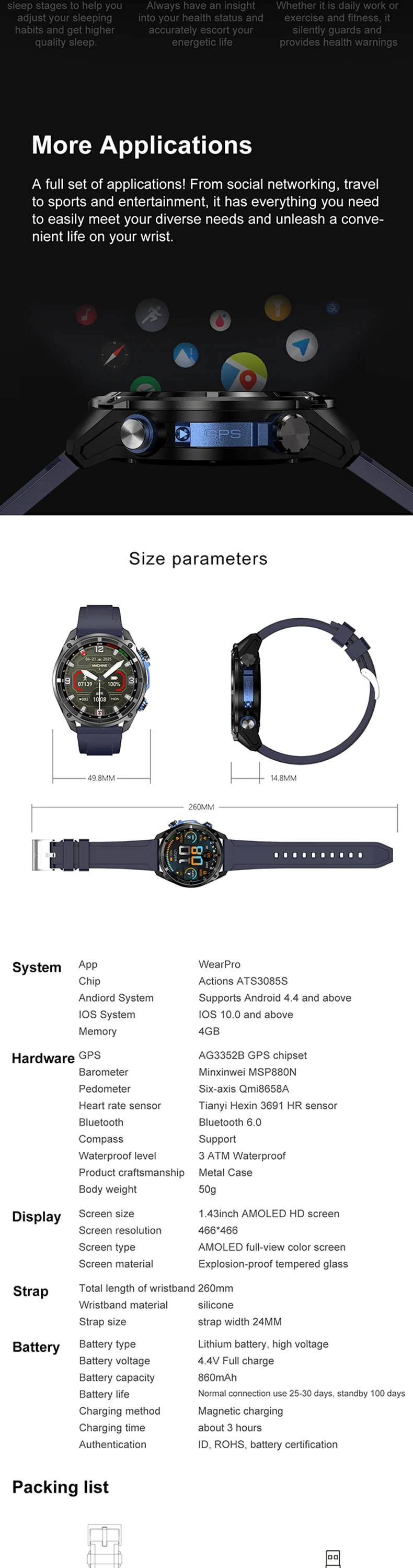 product new offline map gps smart watch dt g1 two straps 143inch amoled screen memory 4gb battery 860mah waterproof 3atm play video-12