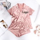 Sleepwear Custom Women's Shiny Slip Modern Solid Short Sleeve Shorts Satin Pajama Sets PJ Sleepwear Sets