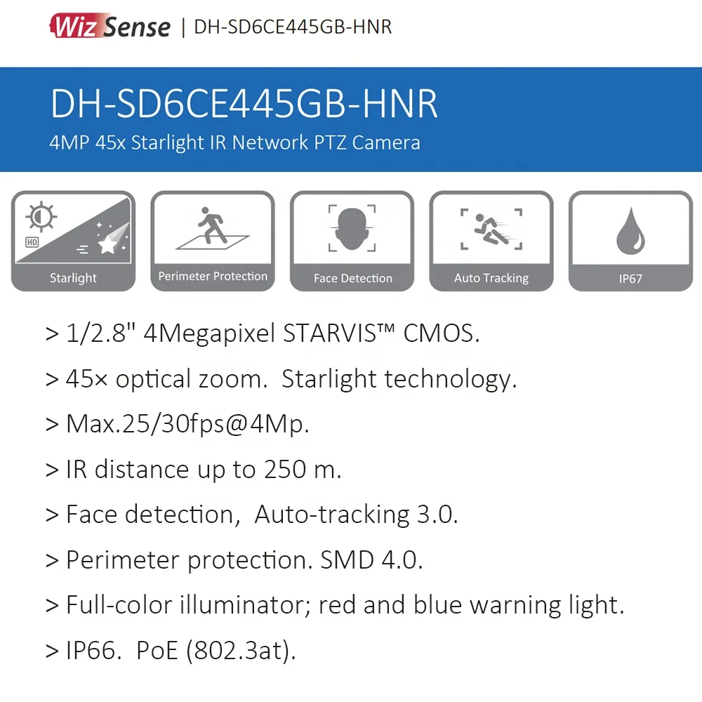 sd6ce445gb-hnr ip67 outdoor 250m ir poe intelligen